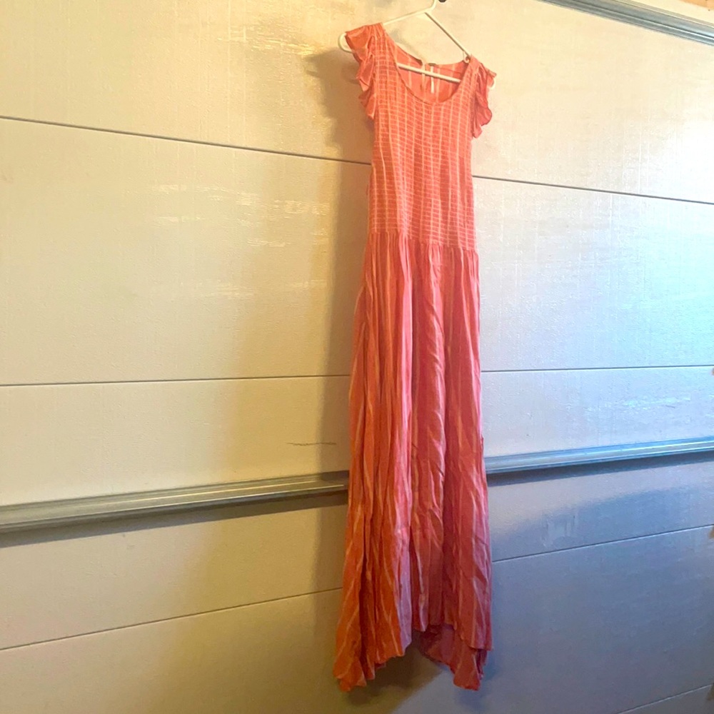 Free People coral smocked dress w/flutter sleeve.